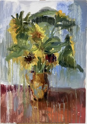 Lot 131 - Annelise Firth (b.1961) oil on canvas - 'Sunflowers through blue', signed and dated 2021 verso, 42cm x 59cm