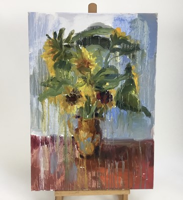 Lot 131 - Annelise Firth (b.1961) oil on canvas - 'Sunflowers through blue', signed and dated 2021 verso, 42cm x 59cm