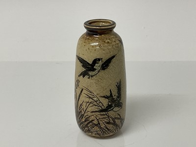 Lot 1048 - Rare Martin Brothers miniature stoneware vase decorated with four birds, impressed marks to base, 9.5cm high