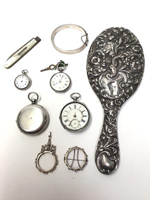 Lot 97 - Four silver cased pocket watches, silver bangle, two silver pendant/ brooch mounts and silver mirror