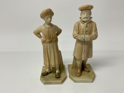 Lot 1058 - Two Royal Worcester blush ivory figures - man wearing old English dress and man wearing a turban