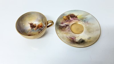 Lot 1063 - Royal Worcester cabinet cup and saucer with hand painted decoration depicting Highland cattle, signed J.Stinton