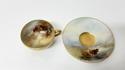 Lot 1064 - Royal Worcester cabinet cup and saucer with hand painted decoration depicting Highland cattle, signed J.Stinton