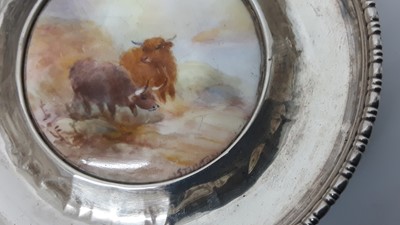 Lot 1066 - Royal Worcester silver mounted circular pin dish, with hand painted decoration depicting Highland cattle, signed J.Stinton, 8.5cm diameter