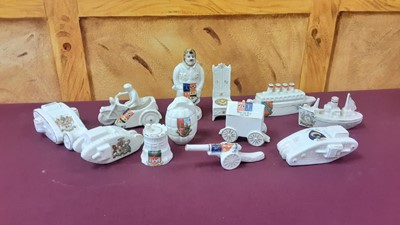 Lot 1076 - Twelve Crested ware military models including tanks, ships, motorcycle and side car, cannon etc