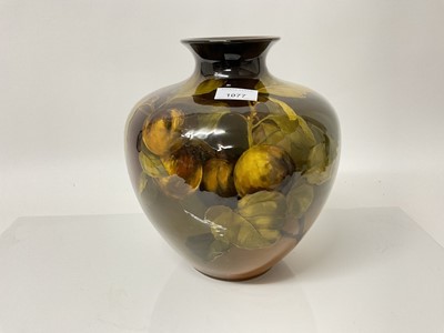 Lot 1077 - Large Rookwood pottery brown glazed vase decorated with leaves, impressed marks to base, 26cm high