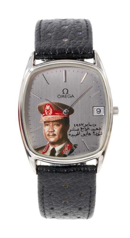 Lot 658 - Rare Omega wristwatch, the dial decorated a portrait of President of Sudan, Gaafar al-Nimeiry, in box
