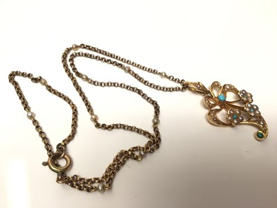 Lot 110 - Edwardian 15ct gold seed pearl and turquoise pendant on chain and stick pin