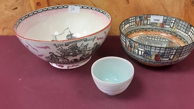 Lot 1088 - Royal Doulton series ware bowl - Old Moreton, Belleek vase, Belleek mug, small ceramic bowl, Halcyon Days enamel box - Honour to the King and a signed glass paperweight in the form of a polar (6)