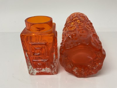 Lot 1101 - Whitefriars Tangerine textured bark vase designed by Geoffrey Baxter, 19.5cm high together with a damaged Greek key vase (2)