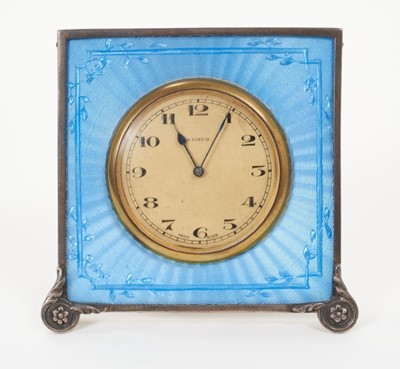 Lot 360 - Art Deco guilloche enamel desk clock in box (winds anti-clockwise)