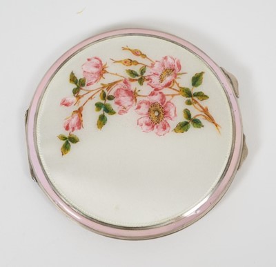 Lot 361 - Silver and guilloche enamel circular compact with painted floral decoration (Adie Brothers)