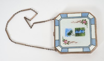 Lot 366 - Silver (Sterling) and enamel make-up compact on chain