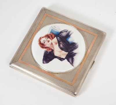 Lot 367 - Silver compact with later applied enamel plaque of a semi clad woman