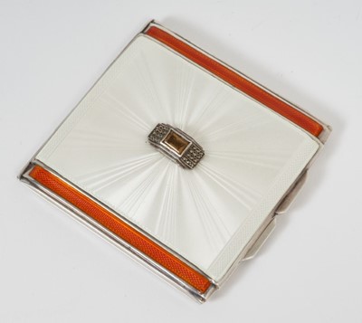 Lot 368 - 1930s silver powder compact with guilloche enamel and applied citrine to cover