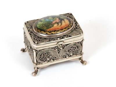 Lot 369 - Filigree white metal box with enamelled image of leaping stag