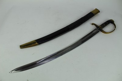 Lot 881 - Victorian Customs / Police Short Sword / Cutlass with curved fullered steel blade, brass hilt with ribbed grip, in brass mounted leather scabbard, blade 61cm in length.