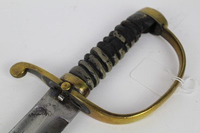 Lot 881 - Victorian Customs / Police Short Sword / Cutlass with curved fullered steel blade, brass hilt with ribbed grip, in brass mounted leather scabbard, blade 61cm in length.
