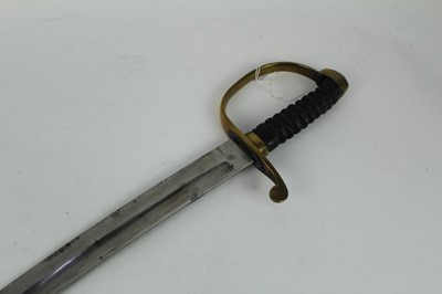 Lot 881 - Victorian Customs / Police Short Sword / Cutlass with curved fullered steel blade, brass hilt with ribbed grip, in brass mounted leather scabbard, blade 61cm in length.