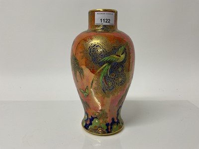 Lot 1122 - Carlton ware lustre vase decorated with bird and butterflies on orange ground, 24cm high