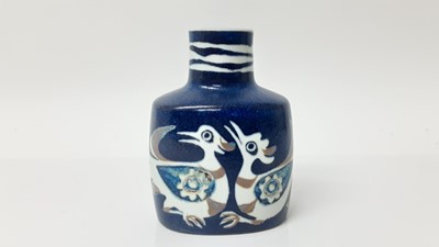 Lot 1127 - Royal Copenhagen Fajance vase decorated with two birds on blue ground, numbered 708/3207, 13cm high