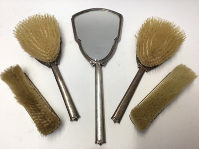 Lot 125 - 1930s six piece silver backed dressing table set with engraved initials and a similar comb (7)