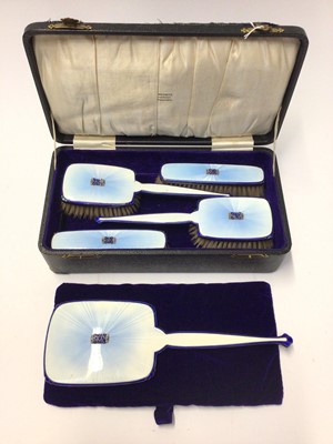 Lot 126 - 1930s five piece silver and blue enamel dressing table set in case