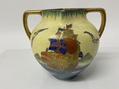 Lot 561 - Stylish Crown Devon Fieldings twin handled vase decorated with galleons at sea, 16cm high