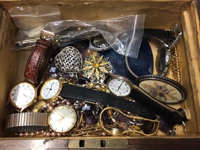 Lot 135 - Victorian parquetry inlaid work box containing costume jewellery, silver and wristwatches