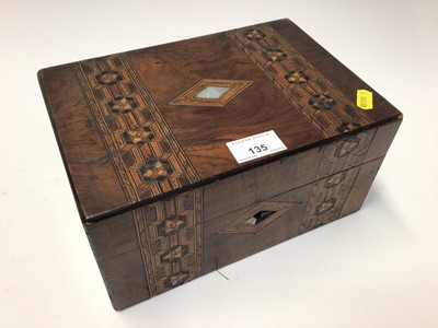 Lot 135 - Victorian parquetry inlaid work box containing costume jewellery, silver and wristwatches