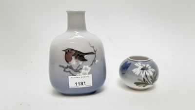 Lot 1181 - Royal Copenhagen vase decorated with a Robin, numbered 4879, 15cm high, together with another vase, numbered 2688, 6cm high (2)