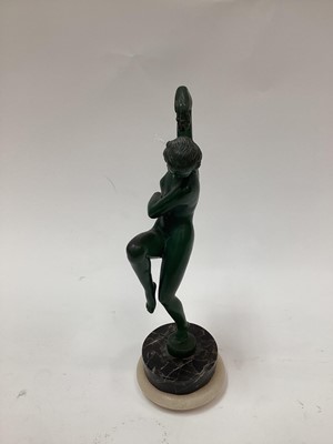 Lot 2525 - Art Deco green-patinated metal figure of a nude woman dancing, on marble base, signed 'Denis' and 'Made in France' to base, possibly designed by Max Le Verrier, 27cm high