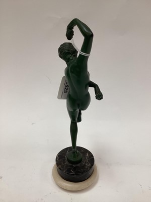 Lot 2525 - Art Deco green-patinated metal figure of a nude woman dancing, on marble base, signed 'Denis' and 'Made in France' to base, possibly designed by Max Le Verrier, 27cm high