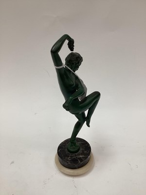 Lot 2525 - Art Deco green-patinated metal figure of a nude woman dancing, on marble base, signed 'Denis' and 'Made in France' to base, possibly designed by Max Le Verrier, 27cm high