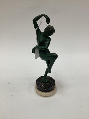 Lot 2525 - Art Deco green-patinated metal figure of a nude woman dancing, on marble base, signed 'Denis' and 'Made in France' to base, possibly designed by Max Le Verrier, 27cm high