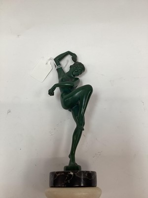 Lot 2525 - Art Deco green-patinated metal figure of a nude woman dancing, on marble base, signed 'Denis' and 'Made in France' to base, possibly designed by Max Le Verrier, 27cm high