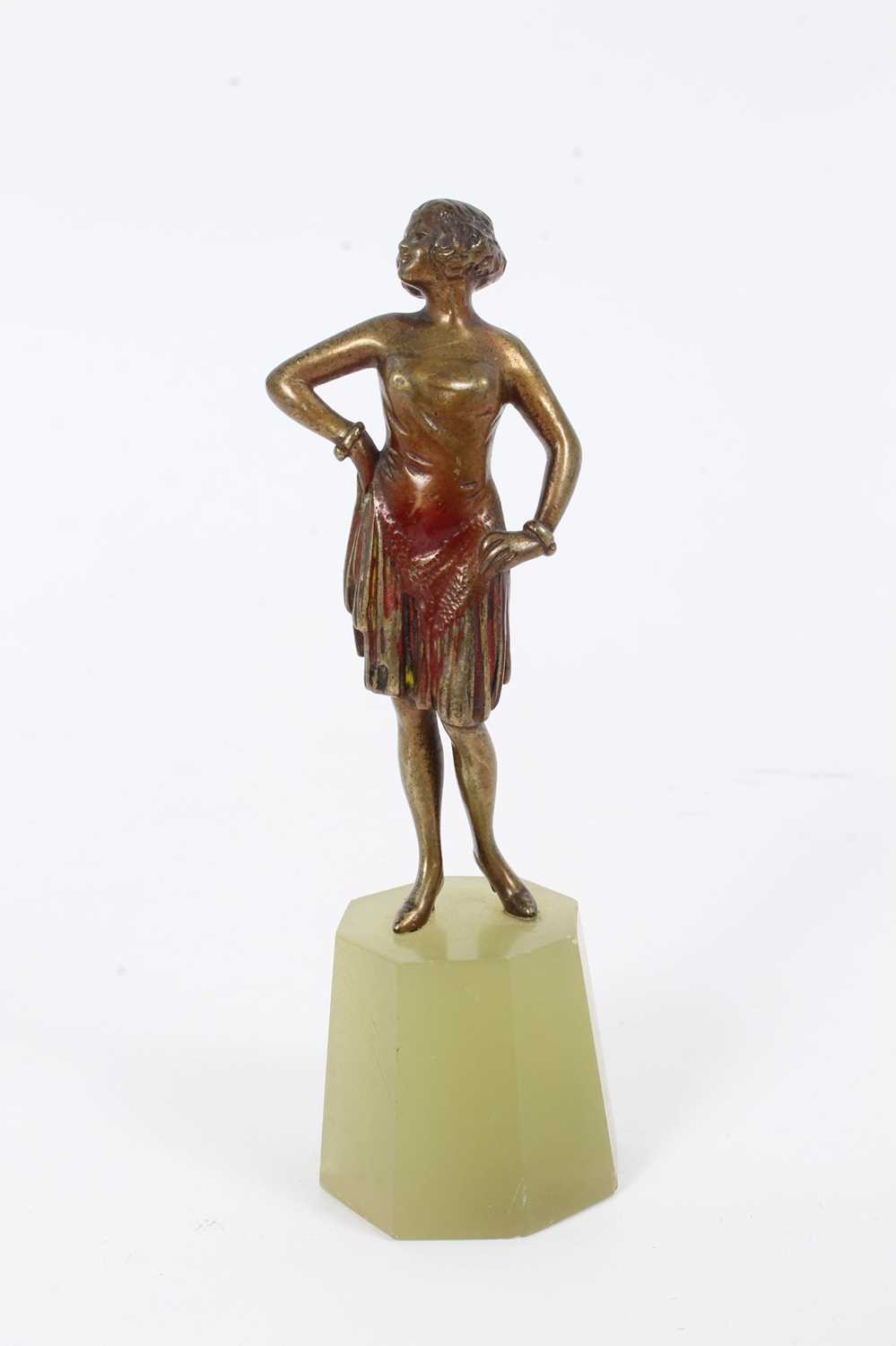 Lot 2528 - Josef Lorenzl Art Deco cold-painted bronze figure of a woman, shown wearing a flapper dress and striking a pose, on an onyx base, signed 'R. Lor', 10.75cm high