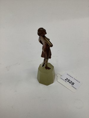 Lot 2528 - Josef Lorenzl Art Deco cold-painted bronze figure of a woman, shown wearing a flapper dress and striking a pose, on an onyx base, signed 'R. Lor', 10.75cm high