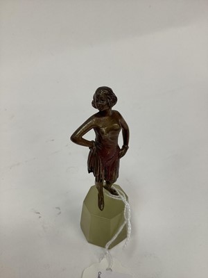 Lot 2528 - Josef Lorenzl Art Deco cold-painted bronze figure of a woman, shown wearing a flapper dress and striking a pose, on an onyx base, signed 'R. Lor', 10.75cm high