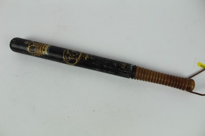 Lot 869 - Victorian Police truncheon of tapered form with painted crown and VR cipher and ribbed grip, 46.5cm in overall length.