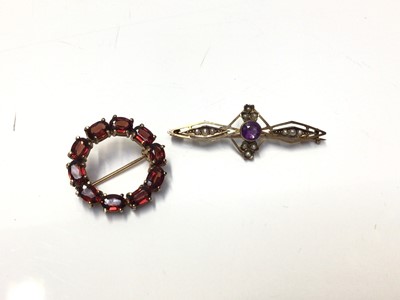 Lot 153 - Edwardian 9ct gold seed pearl and purple stone brooch and 9ct gold garnet circular brooch
