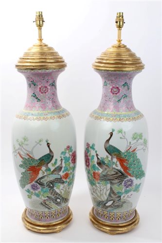 Lot 159 - Large pair of Chinese porcelain table lamps of...