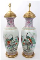 Lot 159 - Large pair of Chinese porcelain table lamps of...