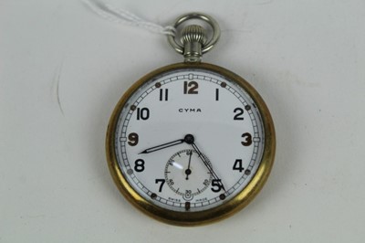 Lot 791 - Second World War British Military Cyma pocket watch with white enamel arabic numerial dial.