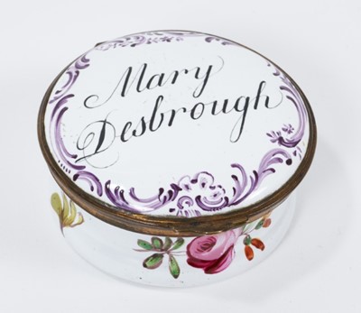 Lot 836 - A South Staffordshire enamel patch box, inscribed ‘Mary Desbrough’ circa 1760-70. Provenance; Christies, London , 20th May 1987, lot 80