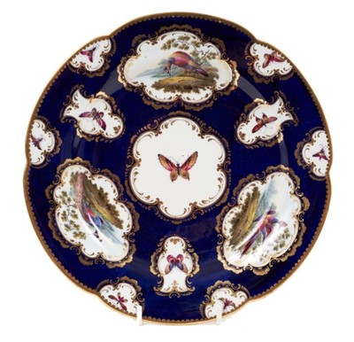 Lot 198 - A Flight, Barr and Barr Worcester plate, painted with birds and insects, on a blue scale ground, circa 1813-1815
