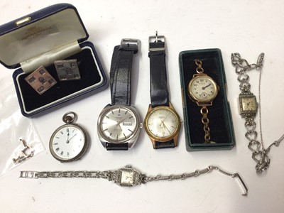 Lot 167 - Silver cased fob watch, two ladies vintage marcasite cocktail watches and others