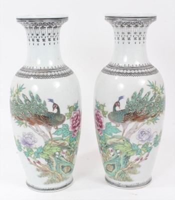 Lot 204 - Pair Chinese Republican vases with polychrome peacock and floral decoration