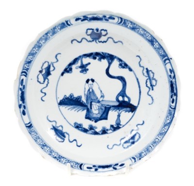 Lot 213 - 18th century Bow small plate, painted in blue with the Koto player, circa 1755-58