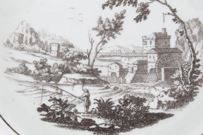 Lot 214 - 18th century Worcester saucer, printed in black by Robert Hancock with ruins, circa 1765